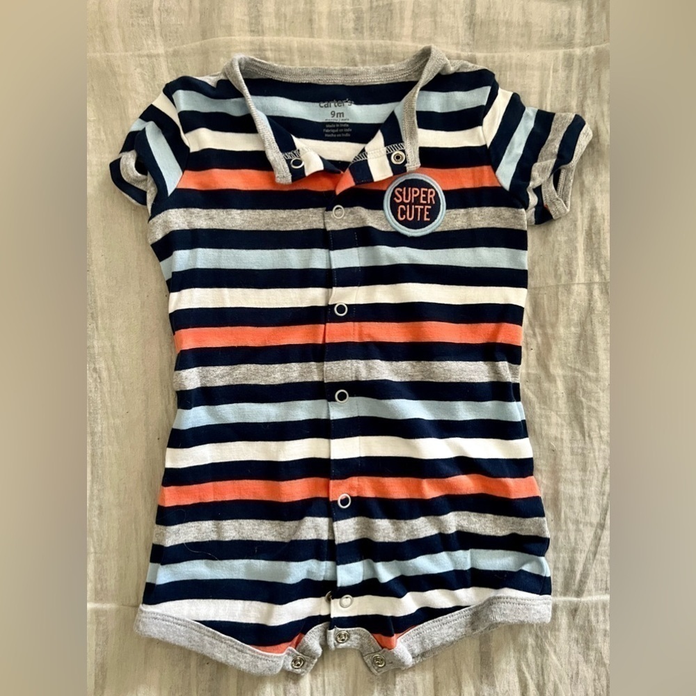 Carter’s baby 9m button down snap one piece. Blue, white and orange